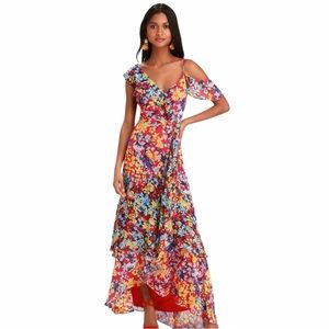 Lulus Radiant Ruby Red Floral Print Chiffon Cold Shoulder Maxi Dress size XL